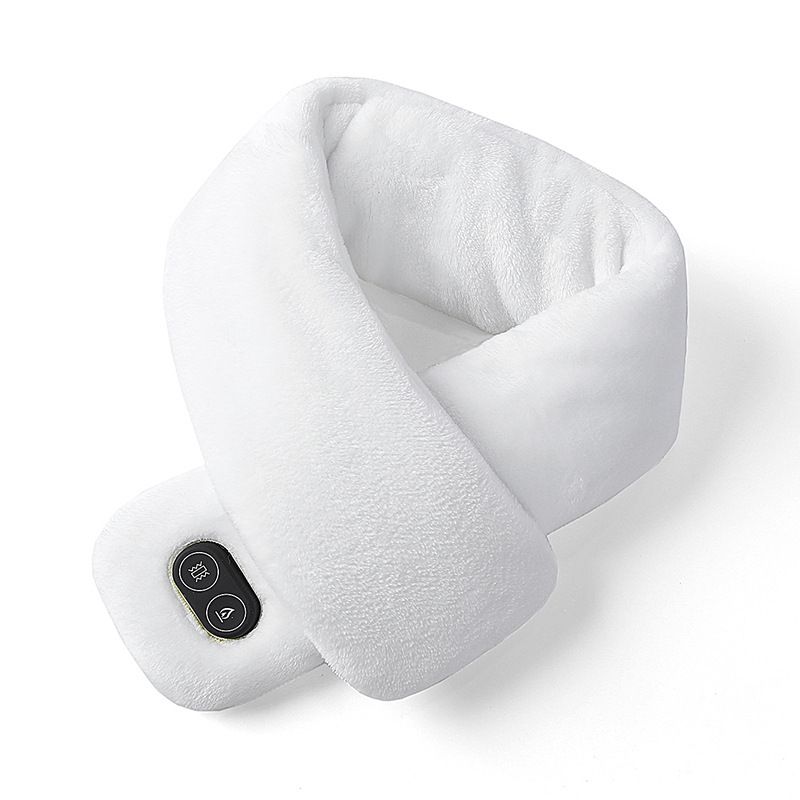 White Plush USB Heated Massage Neck Scarf with 3 Temp & 3 Vibration Massage Modes - Washable Winter Neck Warmer, Built-in Power Bank Zippered Storage Bag for Men and Women