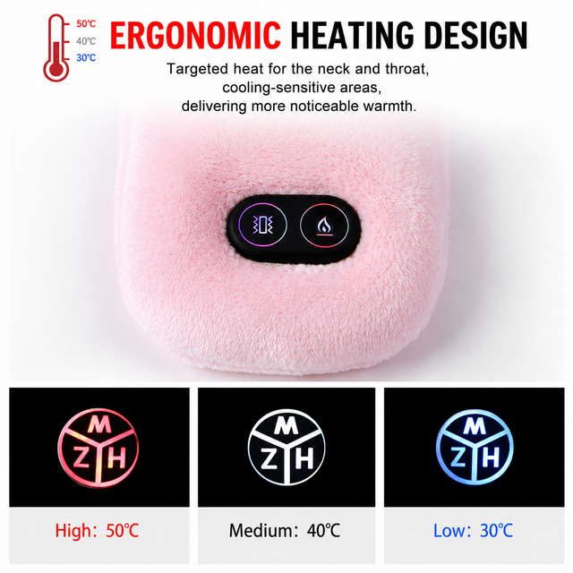 White Plush USB Heated Massage Neck Scarf with 3 Temp & 3 Vibration Massage Modes - Washable Winter Neck Warmer, Built-in Power Bank Zippered Storage Bag for Men and Women