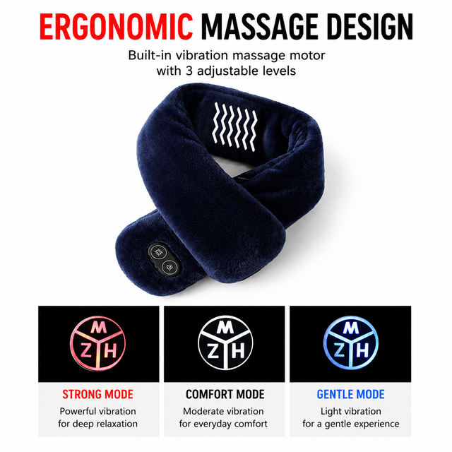 White Plush USB Heated Massage Neck Scarf with 3 Temp & 3 Vibration Massage Modes - Washable Winter Neck Warmer, Built-in Power Bank Zippered Storage Bag for Men and Women