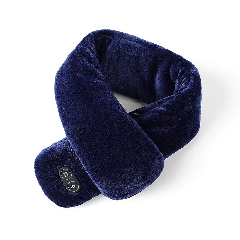 Dark Blue Plush USB Heated Massage Neck Scarf with 3 Temp & 3 Vibration Massage Modes - Washable Winter Neck Warmer, Built-in Power Bank Zippered Storage Bag for Men and Women