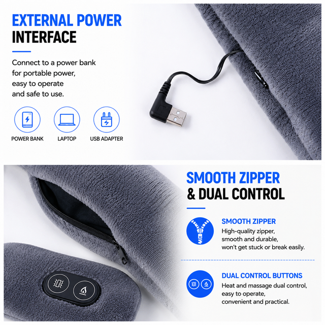 Dark Blue Plush USB Heated Massage Neck Scarf with 3 Temp & 3 Vibration Massage Modes - Washable Winter Neck Warmer, Built-in Power Bank Zippered Storage Bag for Men and Women