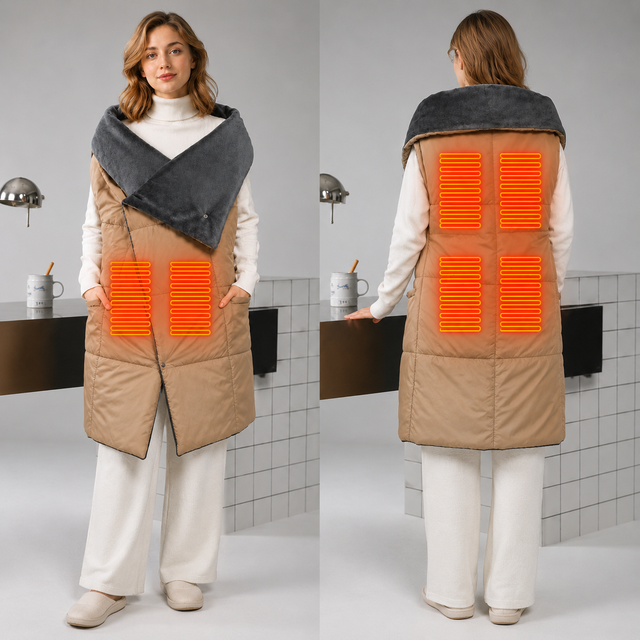 Khaki Wearable Heated Blanket Shawl for Women - USB Powered Electric Heating Wrap with 6 Carbon Fiber Heating Zones, 3 Temp Levels and Washable Multi Use Design
