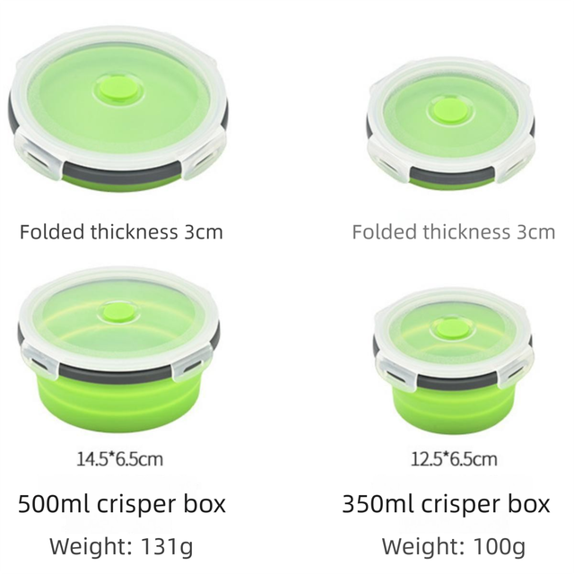 4 Piece Green and Grey Silicone Collapsible Food Storage Container Set - Microwave Safe Foldable Lunch Box Set with Leakproof Clip Lock Lid & 4 Sizes 350/500/800/1200ML for Meal Prep Picnic Travel and Fridge Storage