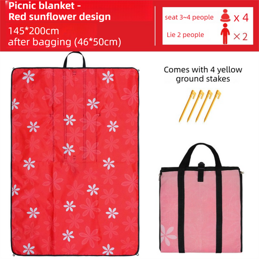 2-in-1 Foldable 145 x 200CM Outdoor Picnic Mat and Storage Handled Bag with Red Sunflower Pattern & 4 Ground Stakes - Portable Waterproof Camping Blanket Travel Picnic Rug for 3-4 People Outdoor use