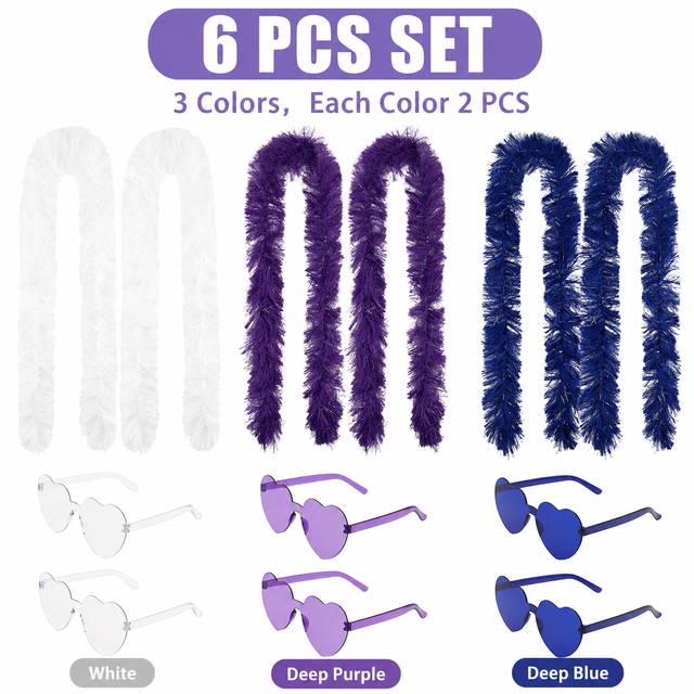 6PCS Festival Party Costume Accessories Set : Heart Shaped Sunglasses and 1.5M Feather Boas - White & Dark Purple & Dark Blue Carnival Dress Up Kit, Colour Coordinated Fun Props for Events Celebrations and Photo Booths