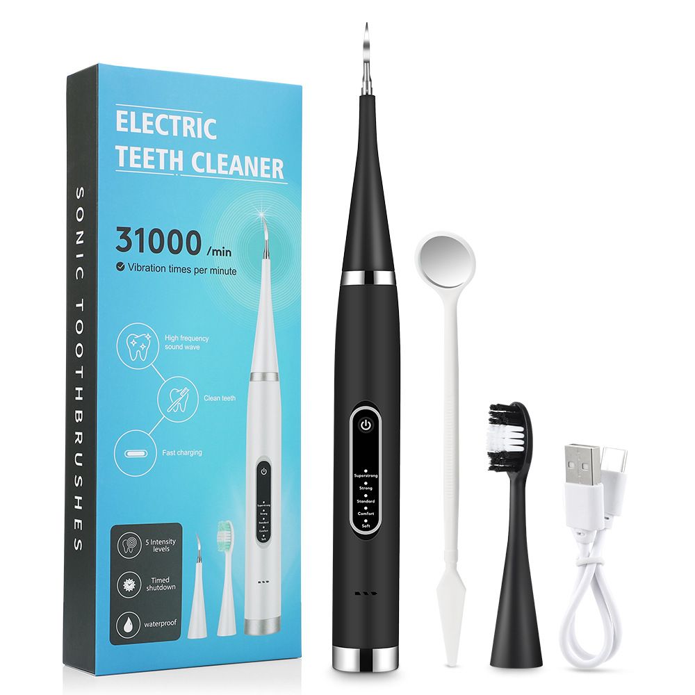 2-in-1 Black Rechargeable Electric Teeth Cleaner & Plaque Remover - Home Waterproof 5-Mode Adjustable 31000 VPM Dental Scaler Kit for Tartar and Calculus Removal