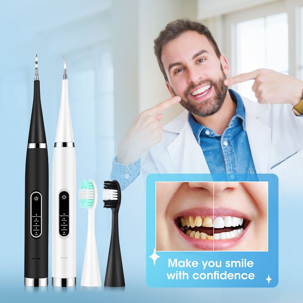 2-in-1 Black Rechargeable Electric Teeth Cleaner & Plaque Remover - Home Waterproof 5-Mode Adjustable 31000 VPM Dental Scaler Kit for Tartar and Calculus Removal