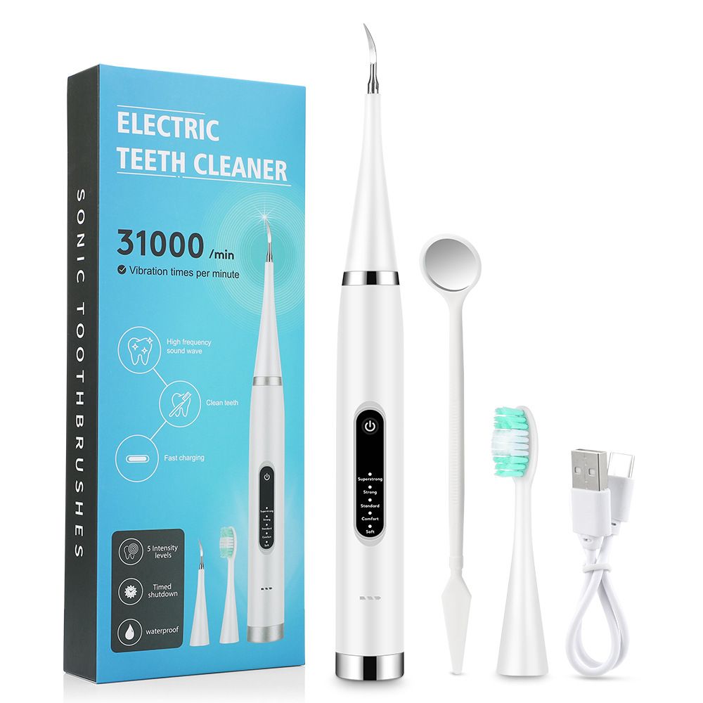 2-in-1 White Rechargeable Electric Teeth Cleaner & Plaque Remover - Home Waterproof 5-Mode Adjustable 31000 VPM Dental Scaler Kit for Tartar and Calculus Removal