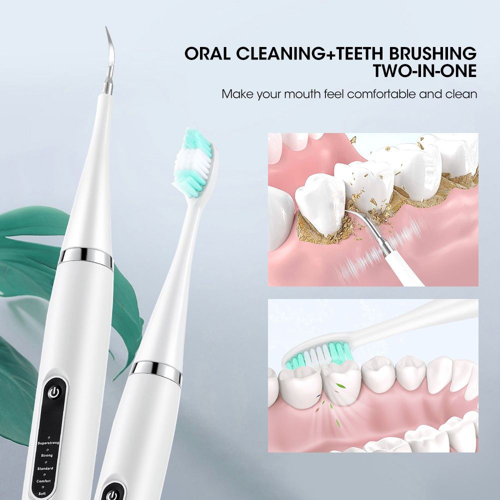 2-in-1 White Rechargeable Electric Teeth Cleaner & Plaque Remover - Home Waterproof 5-Mode Adjustable 31000 VPM Dental Scaler Kit for Tartar and Calculus Removal