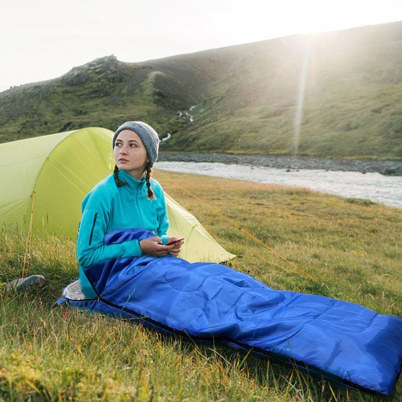 2-in-1 Winter Camping Warmth Kit with Carry Bag:  210 * 75cm Navy Blue Portable Waterproof Warm Sleeping Bag and 200 * 140cm Large Black Double Layer Waterproof Fleece Camping Blanket for Hiking Travel Indoor Outdoor Use