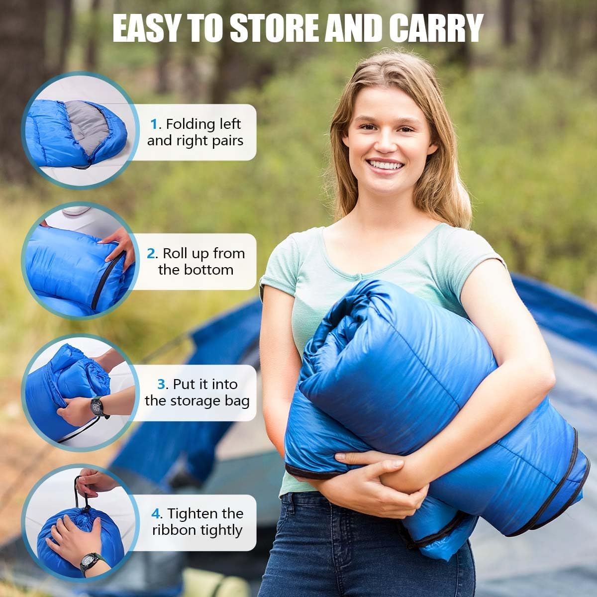 210 x 75cm Blue Portable Envelope Camping Sleeping Bag 1.3kg Thickened Warm Sleeping Bag with Carry Bag, Convertible Blanket Design & 4 Seasons Cold Weather or Warm for Hiking Travel Indoor Outdoor Use