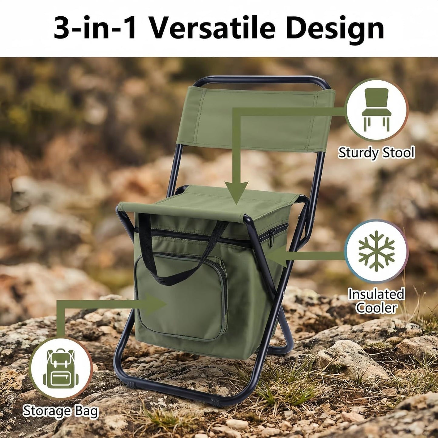 3-in-1 Green Large Portable Folding Camping Chair with Zippered Cooler Bag and 35*35cm Thick Plush Seat Cushion, Outdoor Fishing and Picnic Stool with Backrest and 25 *27 *18.5cm Insulated Storage Pocket