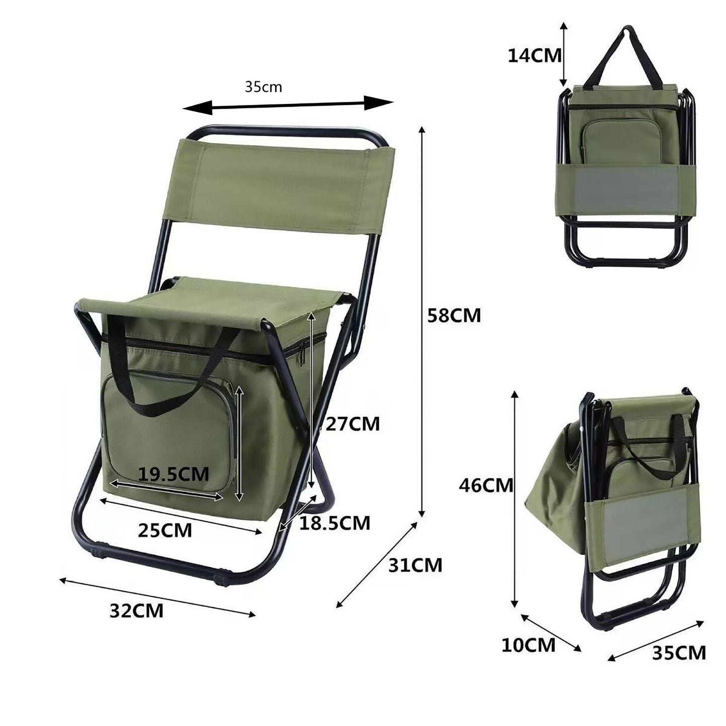3-in-1 Camouflage Large Portable Folding Camping Chair with Zippered Cooler Bag and 35*35cm Thick Plush Seat Cushion, Outdoor Fishing and Picnic Stool with Backrest and 25 *27 *18.5cm Insulated Storage Pocket