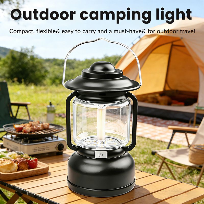 2PCS Black Vintage LED Outdoor Camping Lantern with Warm Ambient Light - 7 Lighting Modes, 24H Long Runtime, USB-C Rechargeable, Stepless Dimming and Hanging Tent Light