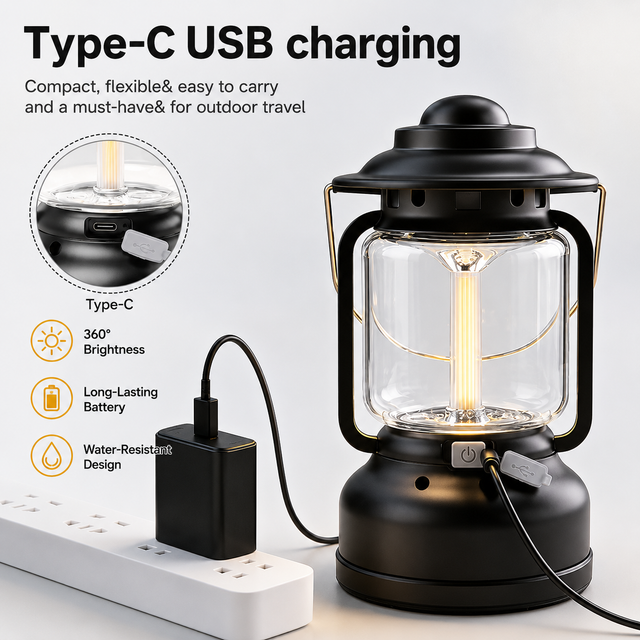 2PCS Black Vintage LED Outdoor Camping Lantern with Warm Ambient Light - 7 Lighting Modes, 24H Long Runtime, USB-C Rechargeable, Stepless Dimming and Hanging Tent Light