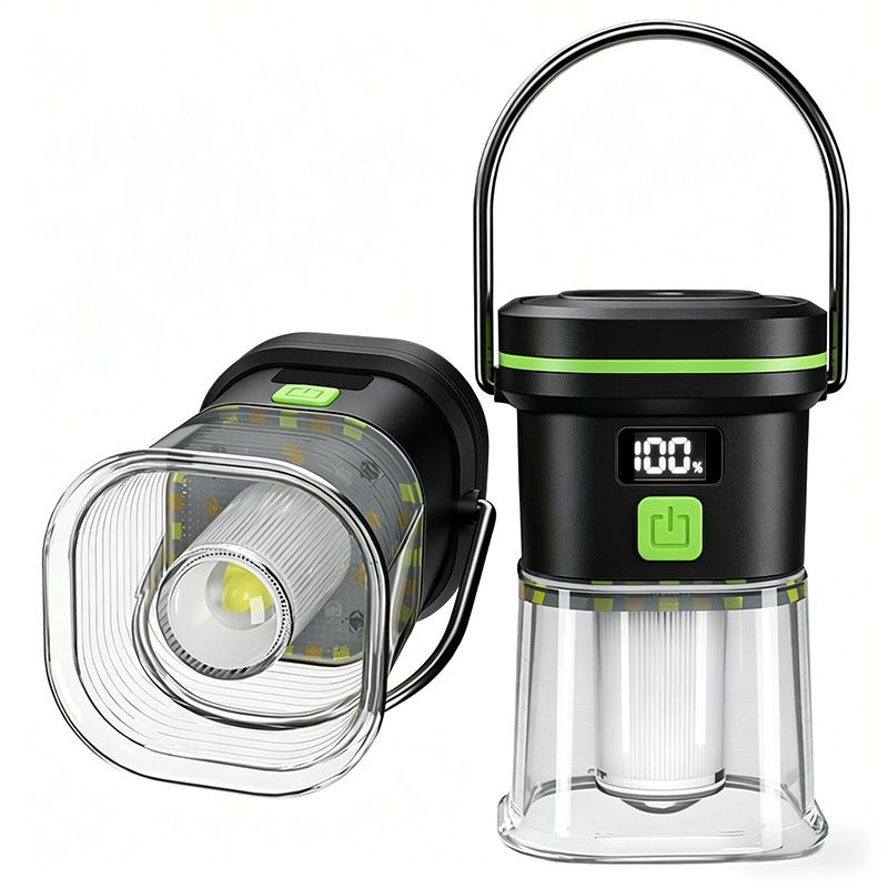 2PCS LY27 Black and Green Compact LED Camping Lantern with Spotlight and Ambient Light, USB-C Rechargeable Outdoor Emergency Tent Light - Digital Battery Display, 7 Lighting Modes, 100m Beam Range & Hanging Hook
