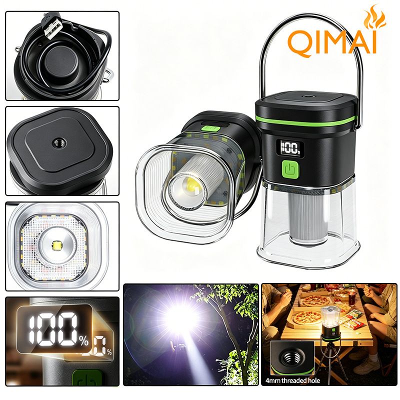 2PCS LY27 Black and Green Compact LED Camping Lantern with Spotlight and Ambient Light, USB-C Rechargeable Outdoor Emergency Tent Light - Digital Battery Display, 7 Lighting Modes, 100m Beam Range & Hanging Hook