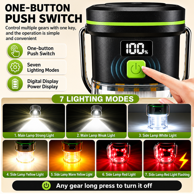 2PCS LY27 Black and Green Compact LED Camping Lantern with Spotlight and Ambient Light, USB-C Rechargeable Outdoor Emergency Tent Light - Digital Battery Display, 7 Lighting Modes, 100m Beam Range & Hanging Hook