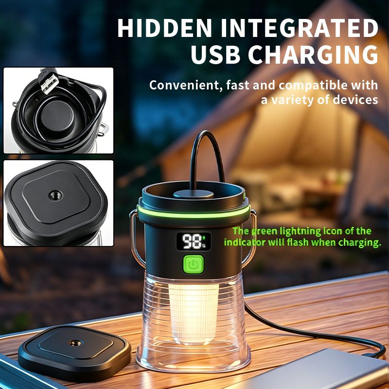 2PCS LY27 Black and Green Compact LED Camping Lantern with Spotlight and Ambient Light, USB-C Rechargeable Outdoor Emergency Tent Light - Digital Battery Display, 7 Lighting Modes, 100m Beam Range & Hanging Hook