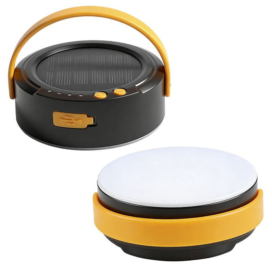 LY20 Black and Yellow Compact Solar Camping Lantern for Home Travel Use, Outdoor LED Emergency Tent Lamp and Hanging Light - 4 Lighting Modes and 3 Levels Brightness Adjustment, LED Power Display, Solar & USB-C Dual Charging