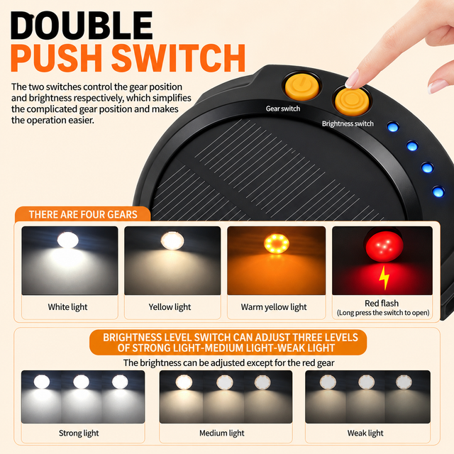 LY20 Black and Yellow Compact Solar Camping Lantern for Home Travel Use, Outdoor LED Emergency Tent Lamp and Hanging Light - 4 Lighting Modes and 3 Levels Brightness Adjustment, LED Power Display, Solar & USB-C Dual Charging