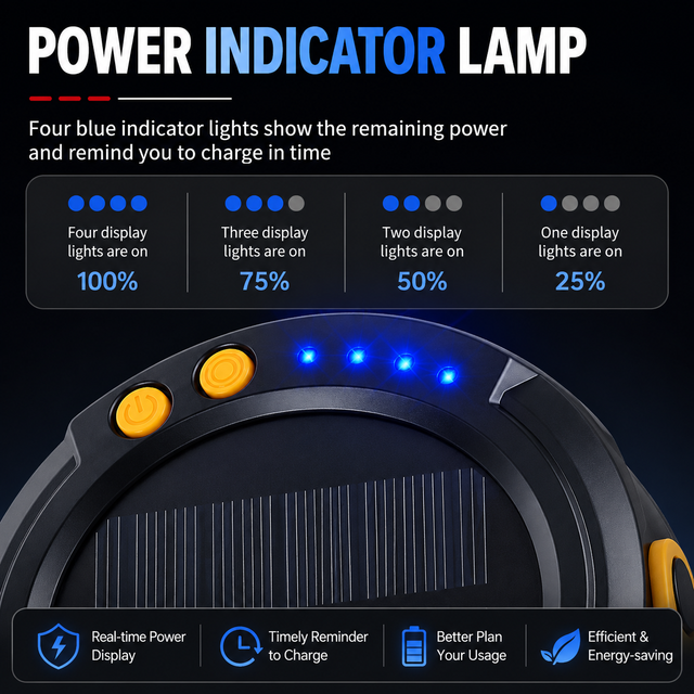 LY20 Black and Yellow Compact Solar Camping Lantern for Home Travel Use, Outdoor LED Emergency Tent Lamp and Hanging Light - 4 Lighting Modes and 3 Levels Brightness Adjustment, LED Power Display, Solar & USB-C Dual Charging