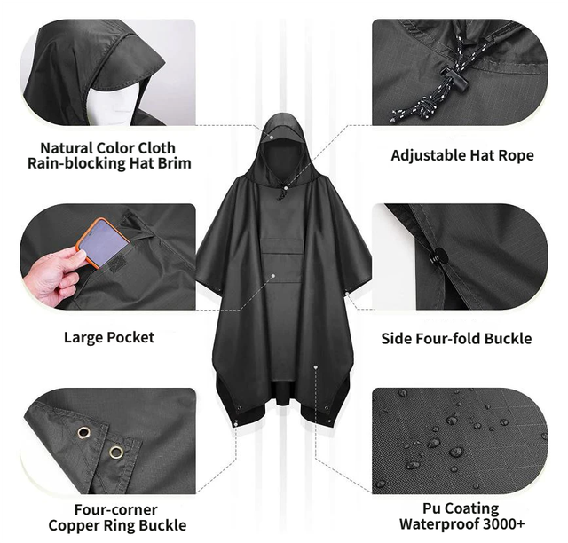 3-in-1 Black Camping Rain Poncho / Outdoor Shelter Tarp / Ground Sheet (82.7 x 55 inch) with 2 Pairs Rain Shoe Covers - Large Backpack Coverage, Drawstring Hood and Carry Bag for Hiking Trekking Cycling Use