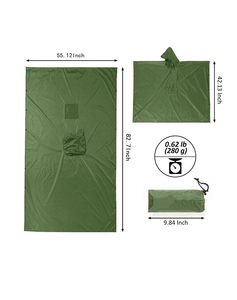 3-in-1 Green Camping Rain Poncho / Outdoor Shelter Tarp / Ground Sheet (82.7 x 55 inch) with 2 Pairs Rain Shoe Covers - Large Backpack Coverage, Drawstring Hood and Carry Bag for Hiking Trekking Cycling Use