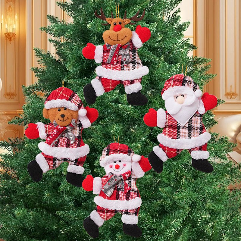 4-Piece Christmas Hanging Plush Ornaments Set - Khaki Santa Claus, Snowman, Reindeer & Bear Tree Decor, Christmas in July, Winter Christmas, Yulefest, Secret Santa Gift