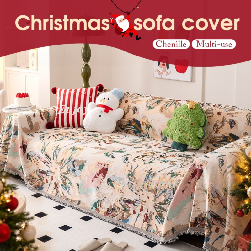 180 x 130 CM Christmas Jacquard Chenille Sofa Cover Throw Blanket with Tassel Fringe (Style 1), Elegant Festive Couch Protector Slipcover for Holiday Home Decor and Multi-Purpose Use