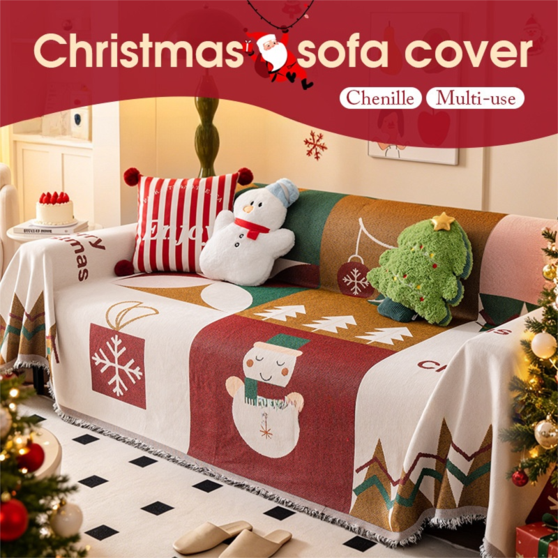 180 x 130 CM Christmas Jacquard Chenille Sofa Cover Throw Blanket with Tassel Fringe (Style 3), Elegant Festive Couch Protector Slipcover for Holiday Home Decor and Multi-Purpose Use