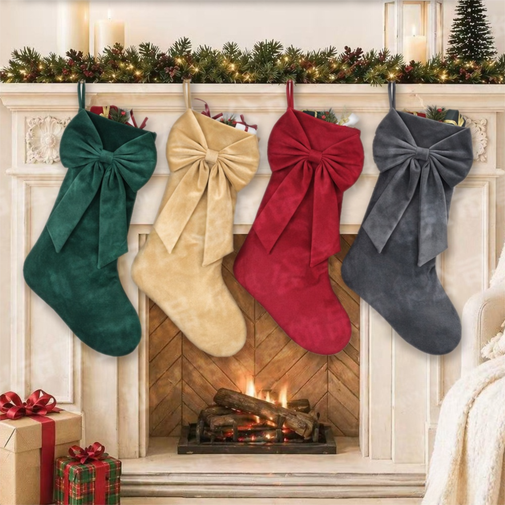 18 Inch Oversized Grey Luxury Velvet Christmas Stocking with Bow & Loop, Fireplace Hanging Gift Bag, Holiday Mantel Decor and Present Holder