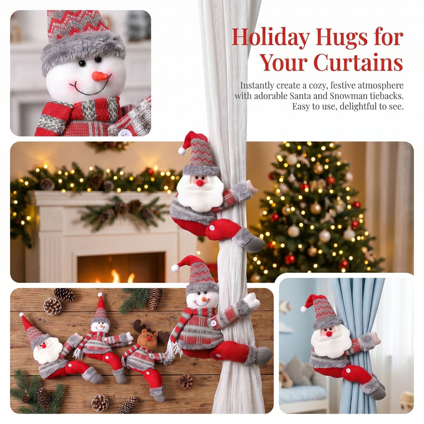 Reindeer Christmas Curtain Tiebacks, Large Plush Doll Holdbacks - Curtain Festival Charm for Christmas in July, Winter Christmas, Yulefest, Secret Santa Gift