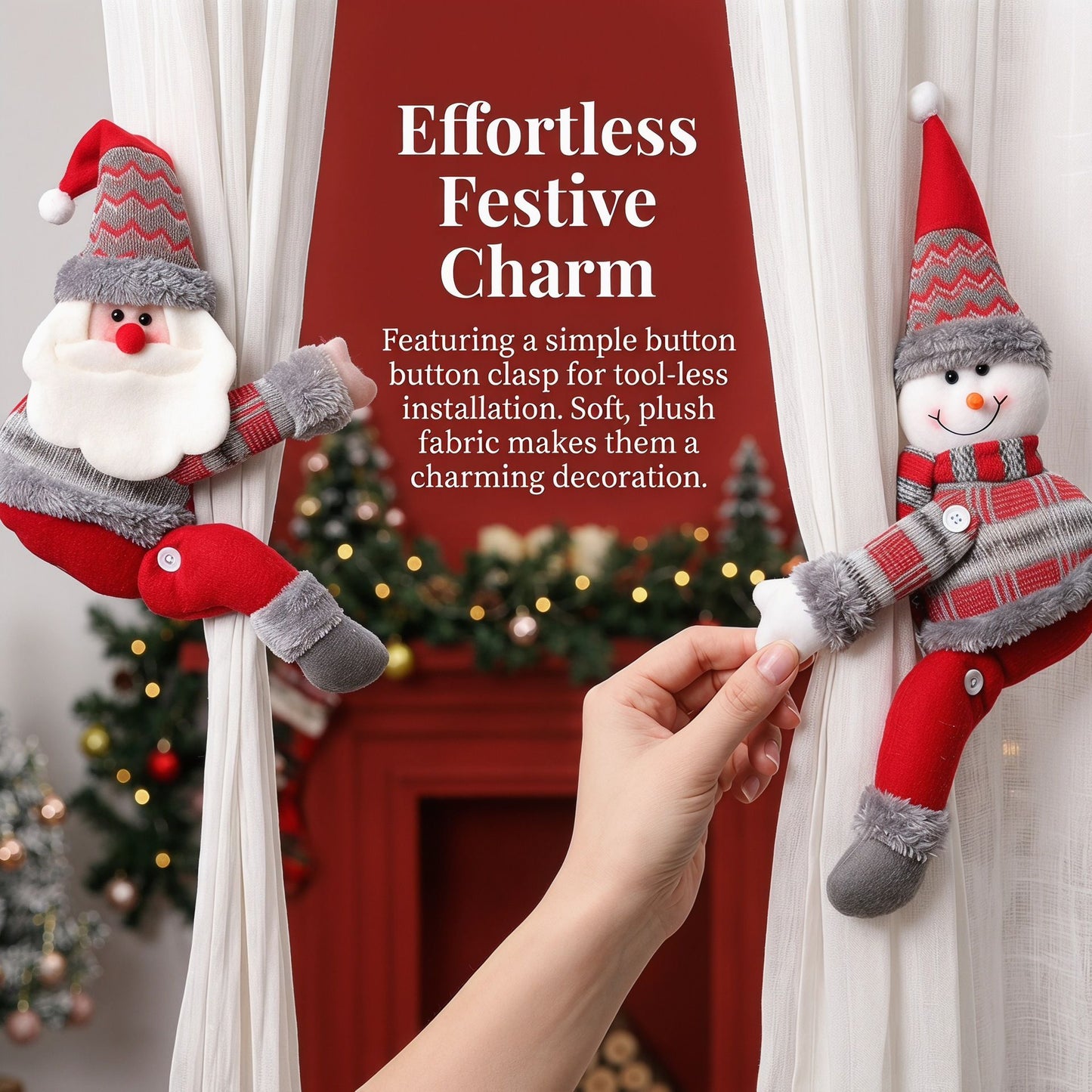Reindeer Christmas Curtain Tiebacks, Large Plush Doll Holdbacks - Curtain Festival Charm for Christmas in July, Winter Christmas, Yulefest, Secret Santa Gift