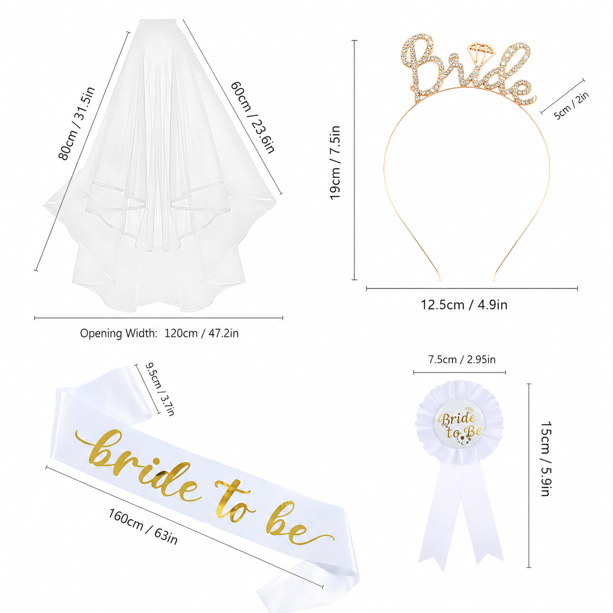 White and Gold Bride to Be Bachelorette Party Accessory Set, 4 Piece Bridal Shower Accessories Kit with Rhinestone Headband, Sash, Badge and Double Layer Veil with Comb