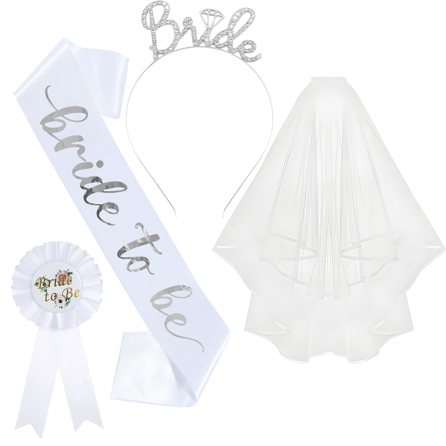 White and Silver Bride to Be Bachelorette Party Accessory Set, 4 Piece Bridal Shower Accessories Kit with Rhinestone Headband, Sash, Badge and Double Layer Veil with Comb