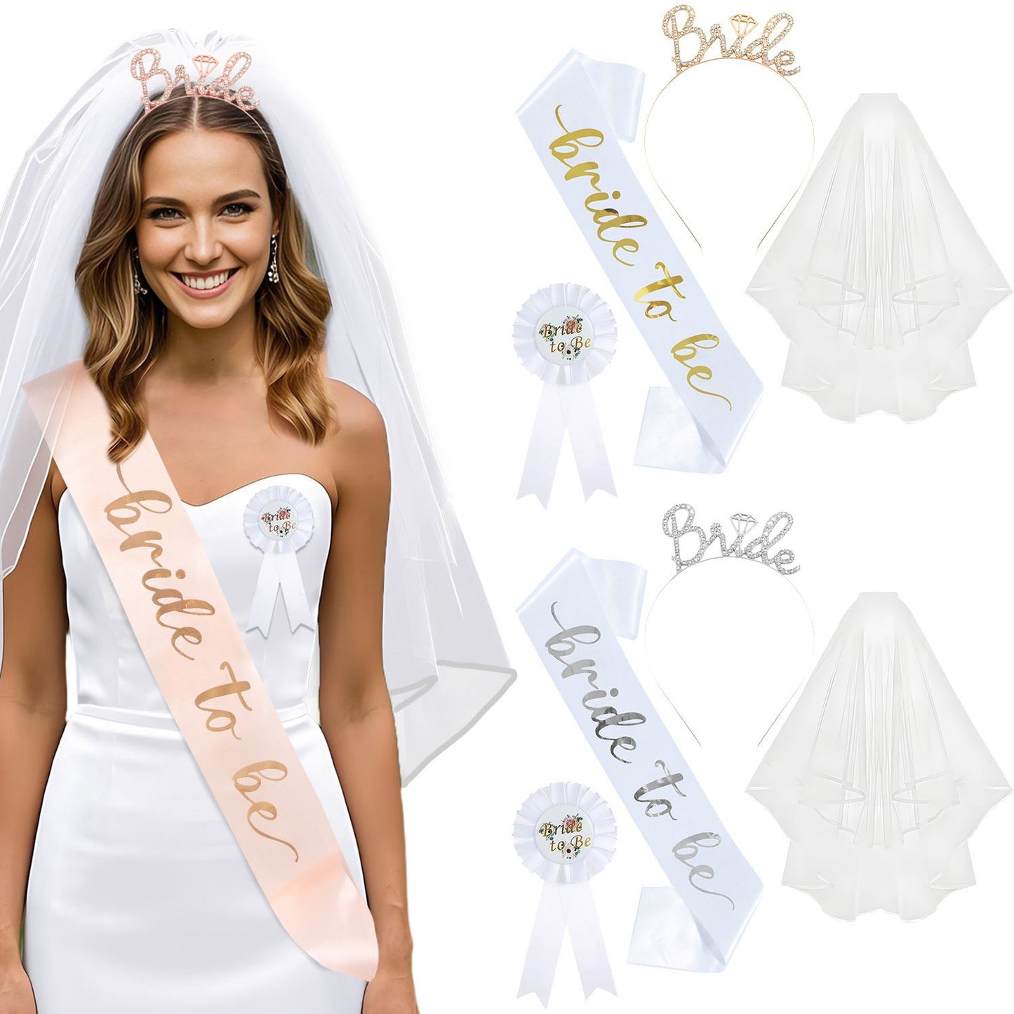 White and Rose Gold Bride to Be Bachelorette Party Accessory Set, 4 Piece Bridal Shower Accessories Kit with Rhinestone Headband, Sash, Badge and Double Layer Veil with Comb