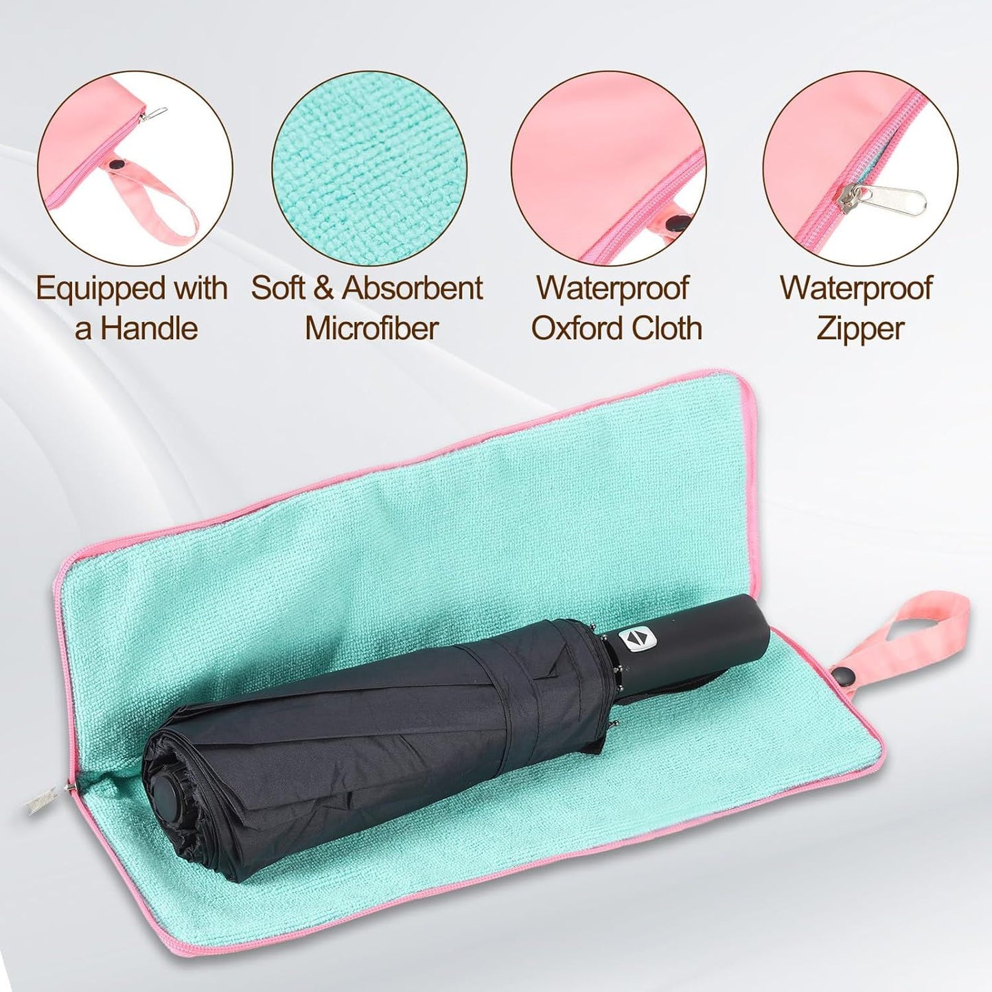 2-Pack Foldable Waterproof Umbrella Storage Sleeve with Zippers, Carry Handle and Absorbent Microfiber Lining - Reusable Hanging Umbrella Pouch for Home Office School Travel and Car Use, Light Blue 15 x 5 inch