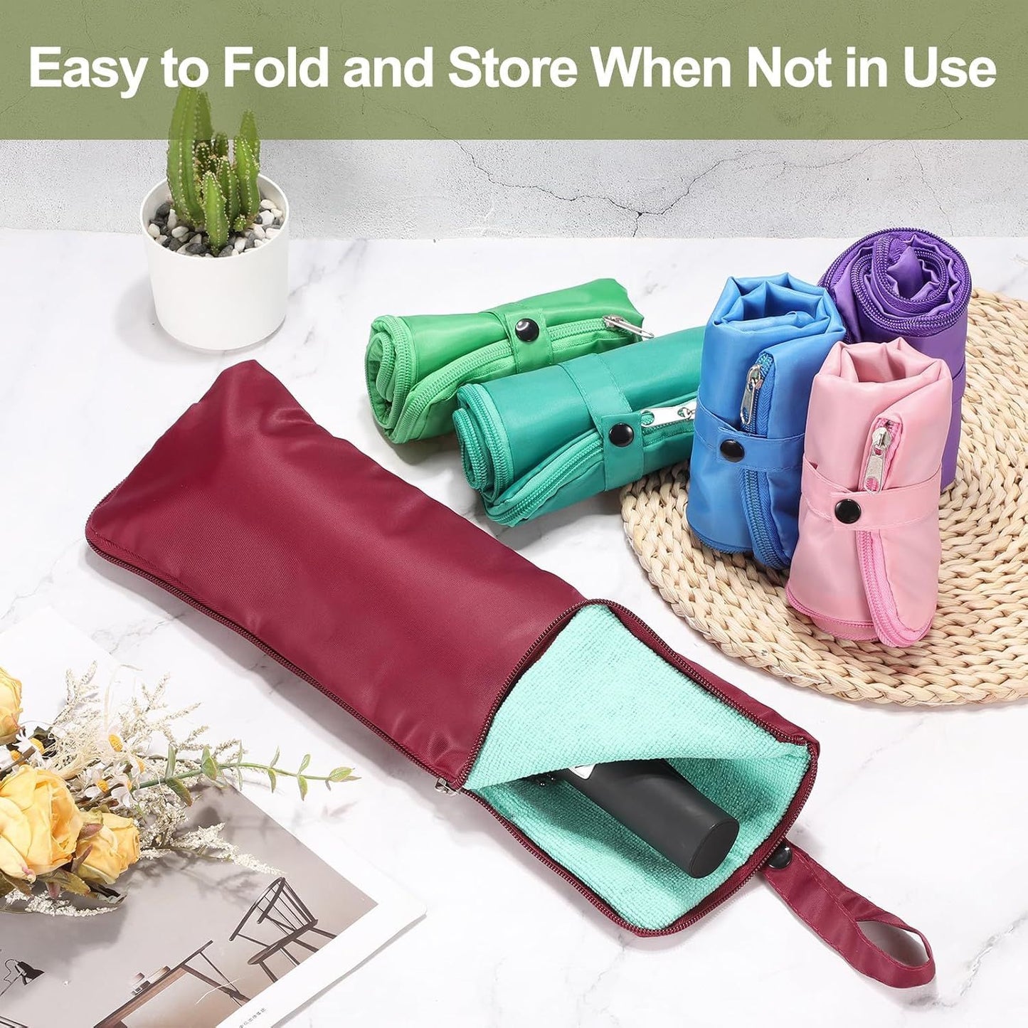 2-Pack Foldable Waterproof Umbrella Storage Sleeve with Zippers, Carry Handle and Absorbent Microfiber Lining - Reusable Hanging Umbrella Pouch for Home Office School Travel and Car Use, Wine Red 15 x 5 inch
