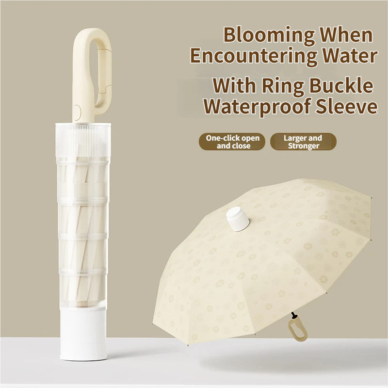 Macha Green Foldable Automatic Open Umbrella with Retractable Waterproof Sleeve, Clip Handle and Winproof Dual Rib - Lightweight Rain Sun Umbrella, Large Diameter 105cm, Compact 37cm Storage, Flower Pattern Appears When Wet