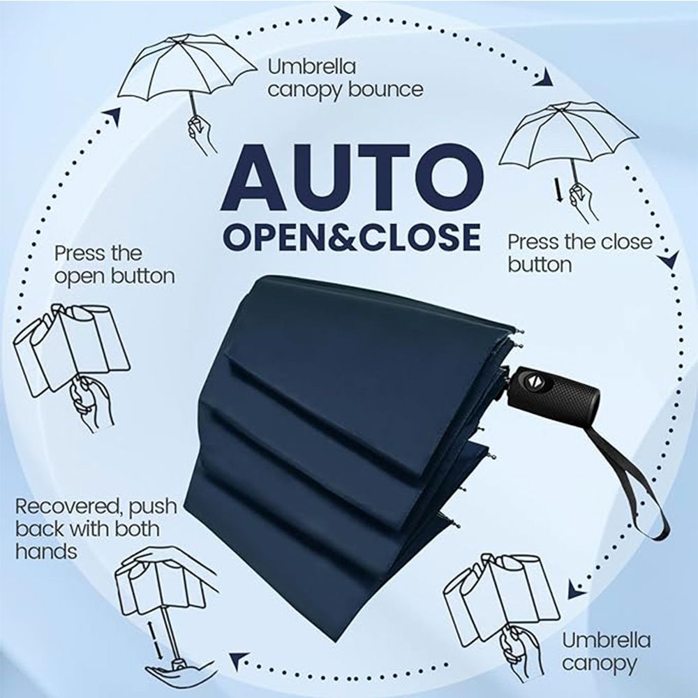 46 inch Navy Blue Windproof Automatic Travel Folding Umbrella and Black Absorbent Hanging Storage Pouch Set – Compact 3-Fold Auto Open Close Umbrella wth Double Canopy and 10 Reinforced Ribs for Rain & Sun Outdoor Use