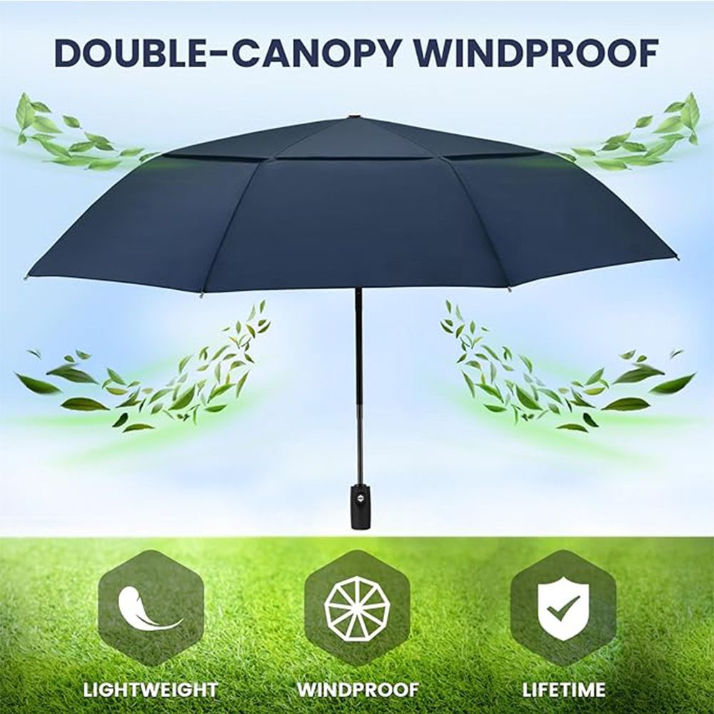 46 inch Navy Blue Windproof Automatic Travel Folding Umbrella and Black Absorbent Hanging Storage Pouch Set – Compact 3-Fold Auto Open Close Umbrella wth Double Canopy and 10 Reinforced Ribs for Rain & Sun Outdoor Use