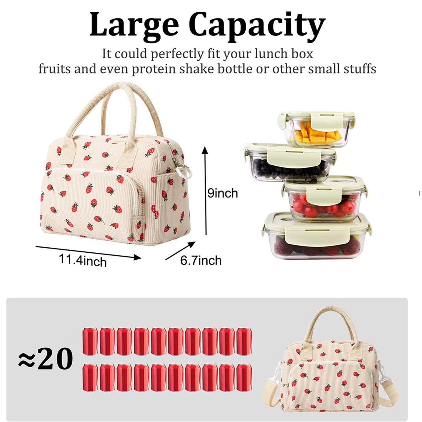 Strawberry Print Soft Corduroy Insulated Lunch Bag for Women and Students - Large Capacity Thermal Lunch Tote with Shoulder Strap, Front Zip Pocket and Side Bottle Holder 11.4 x 9 6.7 inch