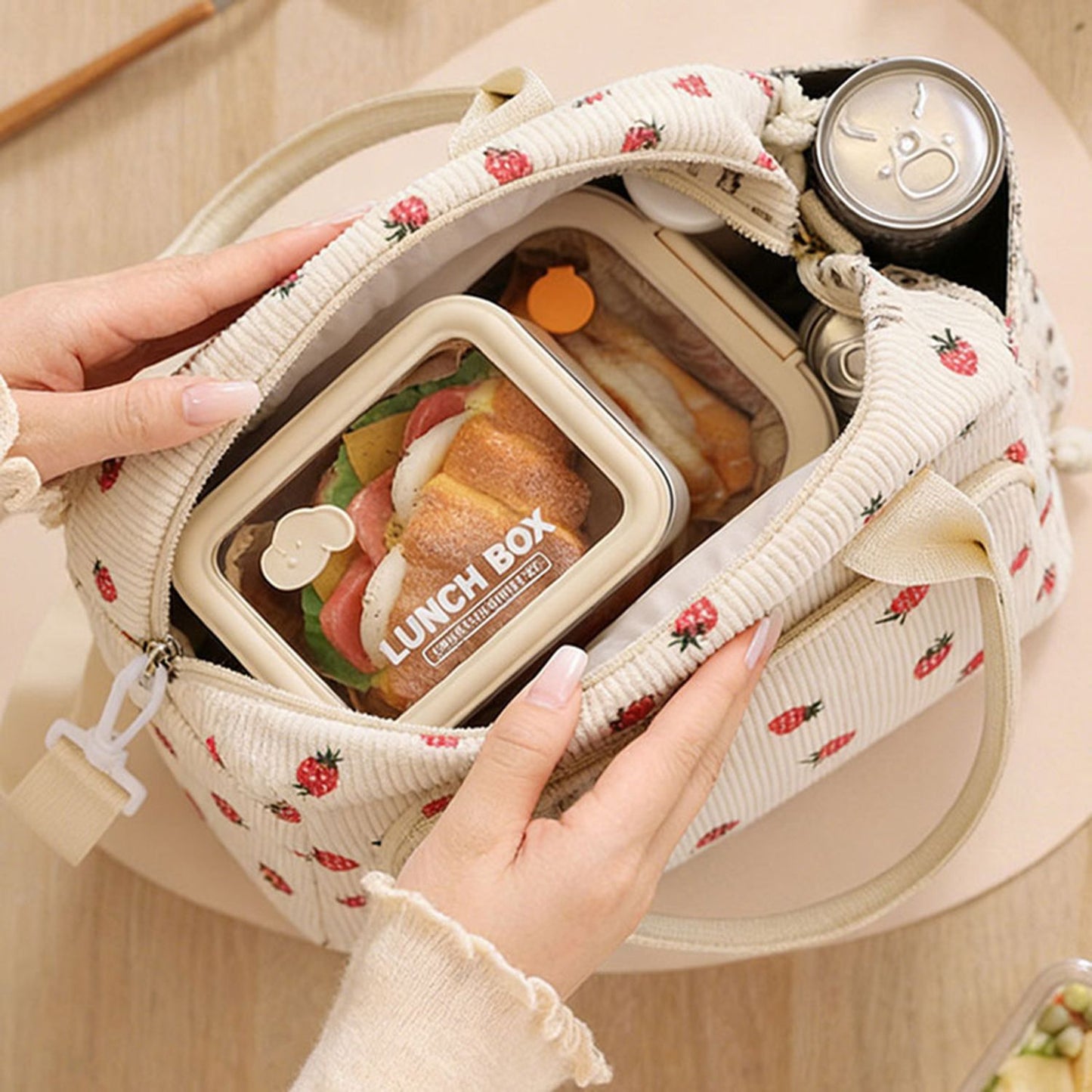 2-Pack Strawberry & Beige Floral Print Soft Corduroy Insulated Lunch Bag for Women and Students - Large Capacity Thermal Lunch Tote with Shoulder Strap, Front Zip Pocket and Side Bottle Holder 11.4 x 9 6.7 inch