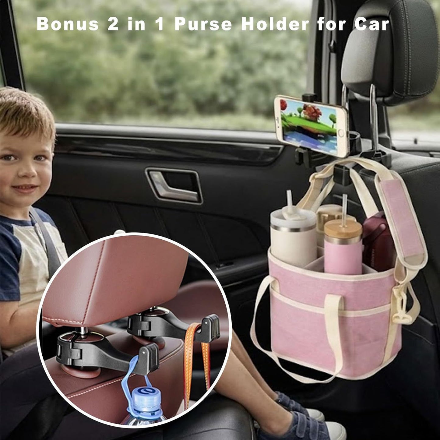 Black and Purple Foldable 4-Zone Car Insulated Drink Carrier Bag Bonus 2 Pack Mutifunctional Headrest Hook Phone Holders, No-Spill Car Cup Holder Organizer and Back Seat Mobile Phone Mount Travel Set for Most Water Bottles