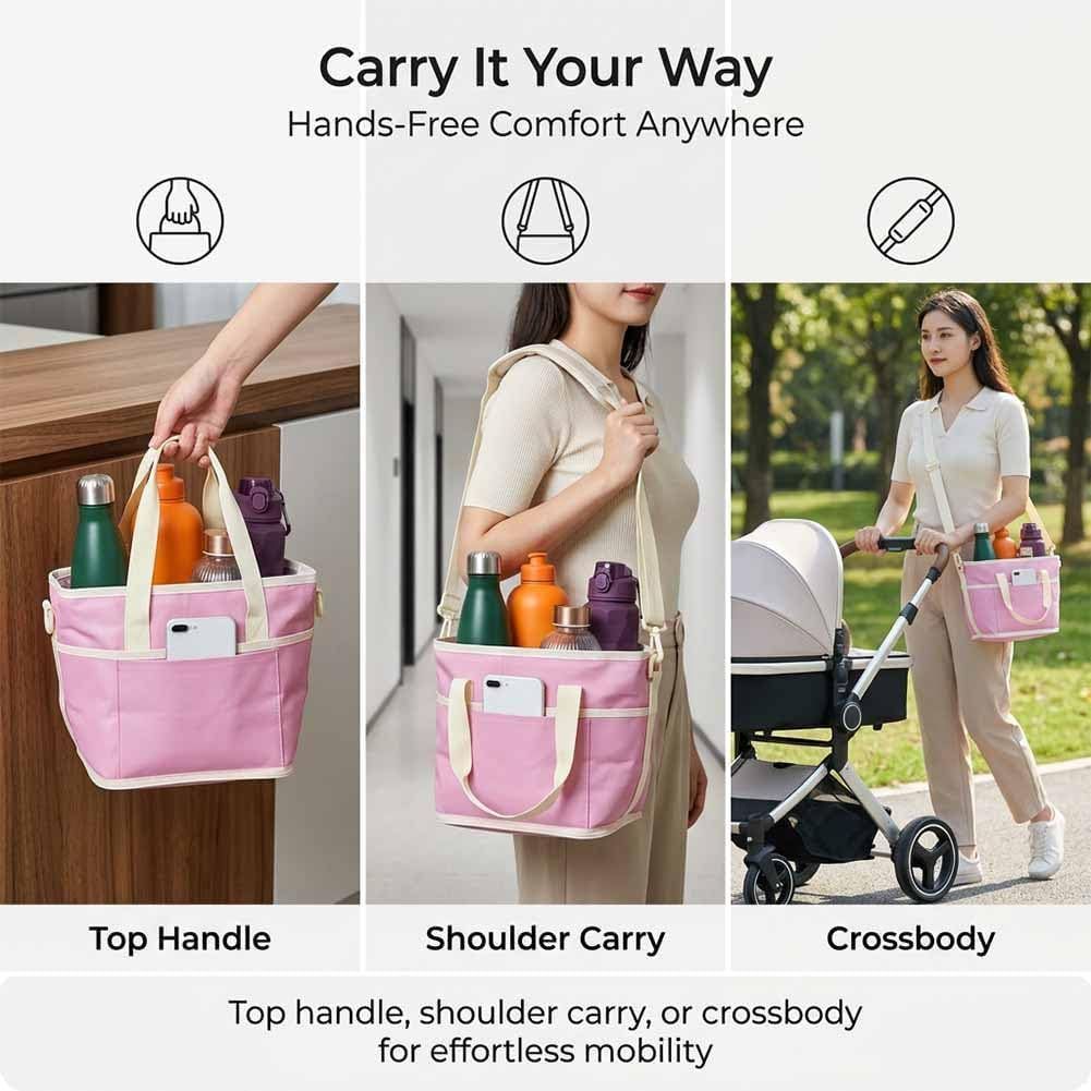 Black Foldable 4-Zone Car Insulated Drink Carrier Bag Bonus 2 Pack Mutifunctional Headrest Hook Phone Holders, No-Spill Car Cup Holder Organizer and Back Seat Mobile Phone Mount Travel Set for Most Water Bottles
