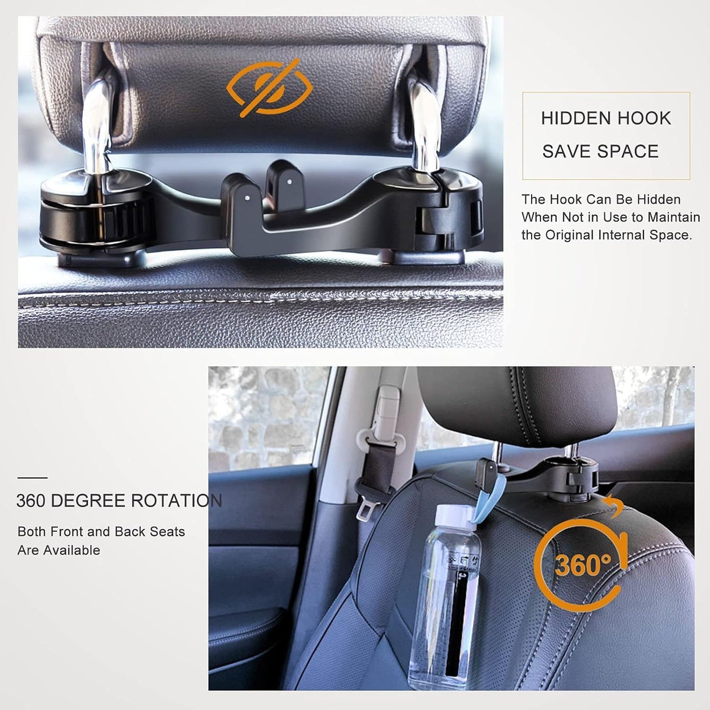 4 Pack Black Car Headrest Hook with Phone Holder for Purses Bags and 4-6.5 Inch Smartphones, Universal 360 Rotation Back Seat Storage Hook and Mobile Stand