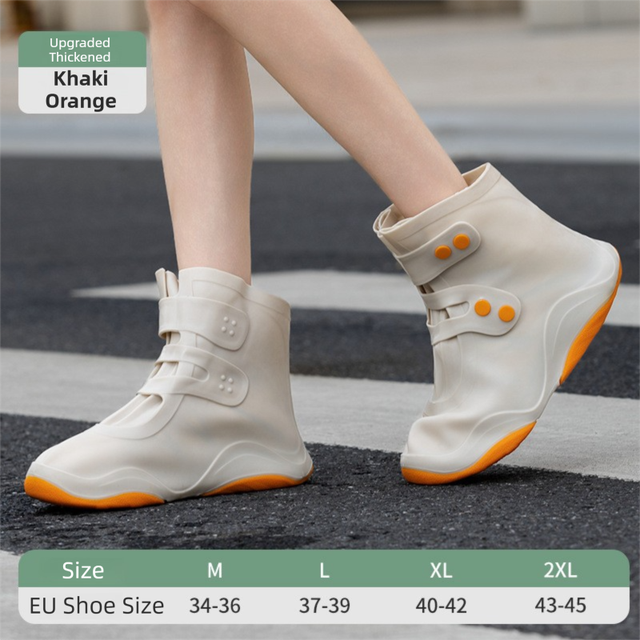 Thickened Waterproof Silicone Rain Shoe Covers with Adjustable Double Buckle Closure, Durable Non-Slip Reusable Overshoes for Men and Women Hiking Camping Daily Use, Khaki Orange Blocking, M Size (EU 34-36)