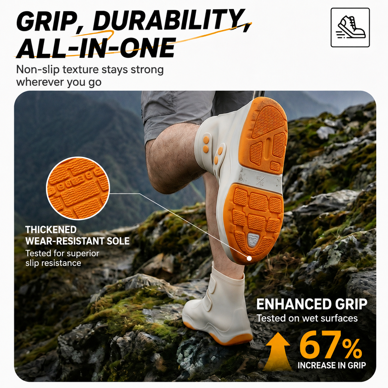 Thickened Waterproof Silicone Rain Shoe Covers with Adjustable Double Buckle Closure, Durable Non-Slip Reusable Overshoes for Men and Women Hiking Camping Daily Use, Khaki Orange Blocking, L Size (EU 37-39)