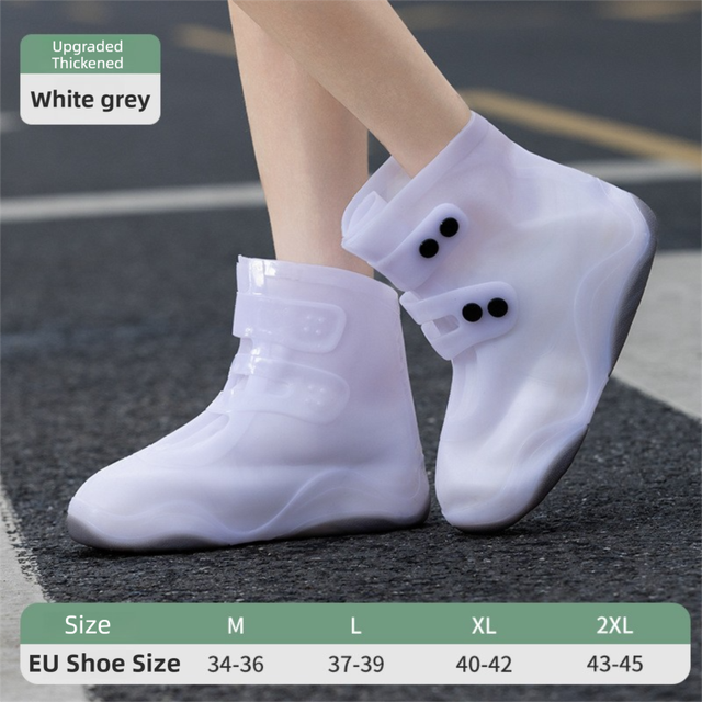 Thickened Waterproof Silicone Rain Shoe Covers with Adjustable Double Buckle Closure, Durable Non-Slip Reusable Overshoes for Men and Women Hiking Camping Daily Use, Grey White Blocking, L Size (EU 37-39)